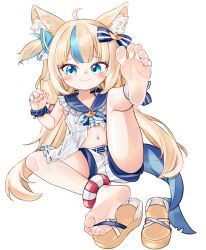 1girl animal_ear_fluff animal_ears barefoot blonde_hair blue_eyes blue_hair blue_nails chaosexceed claw_pose closed_mouth commentary english_commentary fins fish_tail flat_chest full_body highres indie_virtual_youtuber looking_at_viewer mixed-language_commentary multicolored_hair nail_polish navel one_side_up paid_reward_available sameko_saba simple_background soles solo streaked_hair tail toenail_polish toenails toes white_background