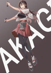 1girl absurdres akagi_(kancolle) akagi_kai_ni_(kancolle) brown_eyes brown_hair character_name echo-kilo gaiters hair_between_eyes hakama hakama_short_skirt hakama_skirt highres hull_shoes japanese_clothes kantai_collection muneate red_hakama skirt solo straight_hair tasuki thighhigh_gaiters thighhighs yellow_eyes