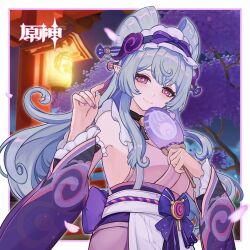 1girl blue_hair bow breasts detached_sleeves genshin_impact hand_fan highres holding holding_fan japanese_clothes kimono lantern long_hair looking_at_viewer maid_headdress nail_polish nihongami obi paper_fan pink_kimono pointy_ears purple_bow purple_eyes purple_nails qingchi_lanmei_xiaodangao sash smile solo symbol-shaped_pupils uchiwa yumemizuki_mizuki