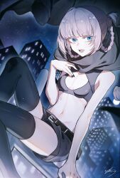 1girl absurdres bare_arms bare_shoulders black_cape black_shorts black_tank_top black_thighhighs blue_eyes blunt_bangs braid braided_hair_rings breasts building cape city city_lights commentary_request crop_top dated eyeliner fang fangs feet_out_of_frame floating_cape hair_rings hand_on_own_chest highres linea_alba looking_at_viewer makeup nanakusa_nazuna_(yofukashi_no_uta) navel night night_sky on_railing open_mouth outdoors pink_hair railing red_eyeliner short_hair shorts signature sitting skin_fang sky small_breasts smile solo star_(sky) stomach tank_top thighhighs yisjhui yofukashi_no_uta