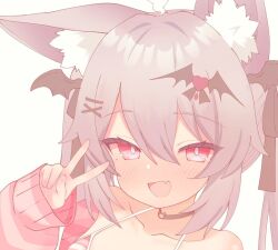1girl :d animal_ear_fluff animal_ears bare_shoulders bat_hair_ornament bikini black_choker blush bright_pupils cardigan choker collarbone fang fox_ears grey_hair hair_between_eyes hair_ornament hair_ribbon hairclip hand_up head_wings heart heart_choker heart_hair_ornament jacket karin_(vrchat) ks_aya_(gztm4838) long_hair long_sleeves looking_at_viewer off_shoulder open_mouth pink_cardigan pink_eyes pink_jacket pink_nails pink_sweater red_eyes ribbon simple_background skin_fang sleeves_past_wrists smile solo striped_bikini striped_clothes sweater swimsuit twintails v vrchat white_background white_pupils wings x_hair_ornament