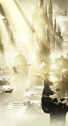 1girl absurdres architecture bird city cityscape cloud crow day dome fantasy from_side full_body highres huashijw ledge light_rays looking_ahead original outdoors scenery signature solo spire stairs standing