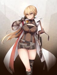 1girl absurdres blonde_hair breasts brown_background brown_shirt brown_shorts cleavage_cutout clothing_cutout coat commentary covered_navel cowboy_shot drunktatsu earpiece english_commentary girls&#039;_frontline girls&#039;_frontline_2:_exilium groza_(girls&#039;_frontline_2) hand_up highres large_breasts long_hair ots-14_(girls&#039;_frontline) parted_lips shirt shorts simple_background single_thighhigh solo thighhighs thighs white_coat