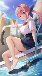 1girl absurdres ahoge alternate_costume aqua_hair barefoot black_skirt black_socks blue_ribbon blue_sky blunt_bangs blurry blurry_background blush bow bowtie braid bug butterfly cloud collared_shirt colored_inner_hair commentary_request day drill_hair fanged_bangs hair_ribbon highres holding_sock hololive insect knee_up lens_flare long_hair looking_at_viewer minato_aqua miniskirt mochiki_927 multicolored_hair outdoors parted_lips pink_hair pleated_skirt pool purple_eyes red_bow red_bowtie ribbon shirt shirt_tucked_in side_braid skirt sky soaking_feet socks solo streaked_hair twin_drills twintails two-tone_hair unworn_socks virtual_youtuber white_shirt