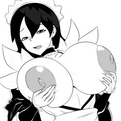 1girl breasts breasts_out choker collarbone female_focus grabbing_own_breast highres huge_breasts iroha_(samurai_spirits) looking_at_viewer maid maid_headdress monochrome nipples open_mouth samurai_spirits short_hair solo thecon upper_body white_background