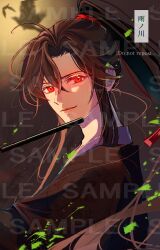 Rule 34 | 1boy, absurdres, ahoge, artist name, bird, black bird, black hair, black hanfu, blurry, blurry background, brown hair, chinese clothes, closed mouth, crow, dizi, eyelashes, flute, glowing, glowing eyes, hair ribbon, hand fan, hanfu, highres, holding, holding flute, holding instrument, instrument, long hair, looking at viewer, male focus, modao zushi, music, playing flute, playing instrument, ponytail, red eyes, red ribbon, ribbon, robe, sample watermark, sidelocks, smile, solo, tou tou23, transverse flute, upper body, watermark, wei wuxian