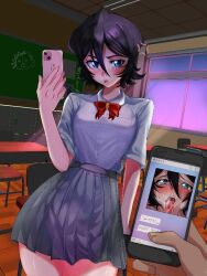 Rule 34 | 1boy, 1girl, anger vein, black hair, bleach, blouse, blue eyes, blush, bow, breasts, chair, classroom, desk, holding, holding phone, indoors, karakura high school uniform, kuchiki rukia, lips, med1acrita, medium hair, open mouth, phone, red bow, school, school chair, school desk, school uniform, shiny skin, shirt, skirt, small breasts, tongue, tongue out, window