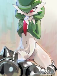 1boy 1girl absurdres armor artist_name blush bob_cut bottomless breastplate closed_mouth collarbone colored_skin covered_navel flat_chest gardevoir gauntlets gen_3_pokemon girl_on_top green_hair green_skin grey_armor grey_helmet hair_over_one_eye hands_on_own_chest hands_up happy_sex helm helmet hetero highres interspecies looking_at_another looking_down multicolored_skin nintendo noconcession nose_blush one_eye_covered pokemon pokemon_(creature) pussy red_eyes sex short_hair shoulder_armor signature simple_background smile split_mouth straddling thighs two-tone_skin uncensored vaginal white_skin