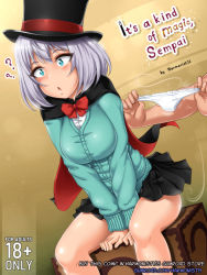 Rule 34 | 1boy, 1girl, :o, ?, ??, artist name, black cape, black headwear, black skirt, blush, bow, bowtie, box, cape, clothes theft, commentary, english text, green eyes, green sweater, grey hair, harmonist11, hat, holding, holding unworn clothes, holding panties, holding underwear, holding unworn clothes, magician, medium hair, miniskirt, paid reward available, panties, pleated skirt, red bow, red bowtie, red cape, sitting, skirt, sweater, tejina senpai, tejina senpai (series), theft, top hat, two-sided cape, two-sided fabric, underwear, underwear theft, unworn panties, white panties