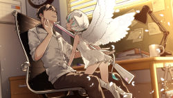 1boy 1girl ass black_hair window_blinds blue_eyes blue_hair blvefo9 book boots brown_pants chair clock commentary desk desk_lamp dress english_commentary faceless faceless_male feathered_wings feathers gun head_wings heart highres holding holding_gun holding_tail holding_weapon indoors jacket knee_boots kneeling lamp multicolored_hair musket office_chair on_chair original pants parted_lips profile see-through_clothes see-through_silhouette shoe_soles short_sleeves sitting smile streaked_hair sunlight sunset swivel_chair tail teeth upper_teeth_only wall_clock weapon white_dress white_feathers white_footwear white_hair white_jacket white_wings window wings