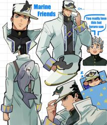 2boys black_hair blue_eyes coat diamond_wa_kudakenai earrings gakuran green_eyes hat hirose_koichi jewelry jojo_no_kimyou_na_bouken kuujou_joutarou long_coat male_focus multiple_boys open_mouth school_uniform shirt short_hair smile windylie