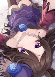 1girl bed black_hair blush breasts collarbone commentary_request flower hair_between_eyes hair_ornament hat highres long_hair looking_at_viewer lying maimuu open_mouth purple_eyes reaching reaching_towards_viewer rice_shower_(umamusume) small_breasts solo thighhighs umamusume