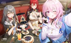 1other 3girls absurdres acorn badge battery_indicator black_choker black_coat black_corset black_gloves blue_eyes blue_jacket blush breasts button_badge buttons cake choker cleavage coat commentary_request corset dress dress_shirt drink earrings eating flower_ornament food food_on_face fork gloves highres himeko_(honkai:_star_rail) honkai:_star_rail honkai_(series) jacket jewelry large_breasts long_sleeves looking_at_viewer m0_0m_c march_7th_(honkai:_star_rail) march_7th_(preservation)_(honkai:_star_rail) medium_breasts medium_hair multicolored_eyes multiple_girls one_eye_closed partially_fingerless_gloves pink_eyes pink_hair recording selfie shirt single_earring stelle_(honkai:_star_rail) tied_jacket tongue tongue_out trailblazer_(honkai:_star_rail) two-tone_eyes upper_body v viewfinder white_dress white_shirt