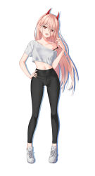 Rule 34 | 1girl, absurdres, black bra, black leggings, blush, bra, bra strap, bra visible through clothes, chainsaw man, collarbone, commentary, crop top, cropped shirt, demon horns, diamond earrings, double-parted bangs, drop shadow, earrings, english text, floating earrings, floating hair, hair between eyes, hand on own hip, hand up, highres, horns, jewelry, koy (4767269), leggings, legs apart, linea alba, long bangs, long hair, midriff, navel, off-shoulder shirt, off shoulder, open mouth, orange eyes, orange hair, power (chainsaw man), red horns, sharp teeth, shirt, shoes, short sleeves, simple background, sneakers, standing, straight hair, strap slip, teeth, tongue, underwear, upper teeth only, variant set, very long hair, white background, white shirt, white shoes