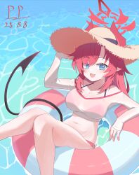1girl :d bare_legs bare_shoulders bikini bikini_under_clothes bikini_visible_through_clothes black_tail blue_archive blue_eyes breasts cleavage collarbone crime_xiaolun crop_top cropped_shirt dated demon_girl demon_horns demon_tail fang feet_out_of_frame floating halo halterneck hat horns horns_through_headwear knees_together_feet_apart knees_up large_breasts long_hair long_sleeves looking_at_viewer lying megu_(blue_archive) megu_(swimsuit)_(blue_archive) midriff navel off_shoulder on_back on_innertube open_mouth outdoors parted_bangs pointy_ears red_bikini red_hair red_halo red_horns red_innertube see-through_clothes see-through_shirt shirt skin_fang sleeves_past_wrists smile solo straw_hat striped_innertube sun_hat swept_bangs swimsuit tail tail_raised water white_innertube white_shirt