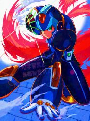 1boy arm_cannon armor blue_armor blue_helmet foot_out_of_frame forehead_jewel glint green_eyes helmet male_focus mee_(meee_oekaki) mega_man_(series) mega_man_x:_command_mission mega_man_x_(series) new_armor_x_(mega_man) solo watermark weapon x_(mega_man)