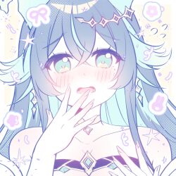 1girl ame_amelianna_(vtuber) animal_ears aqua_eyes bare_shoulders black_hair blue_hair blush border breasts choker cleavage collarbone colored_inner_hair commentary commission crossed_bangs detached_sleeves dot_nose dress english_commentary eyelashes fingernails flower flustered flying_sweatdrops frown hair_between_eyes halftone hand_on_own_chin highres indie_virtual_youtuber loose_hair_strand lower_teeth_only multicolored_hair nakamira open_mouth outline outside_border purple_flower second-party_source see-through_clothes see-through_dress solo squeans star_(symbol) straight-on strapless strapless_dress streaked_hair tareme teeth two-tone_hair upper_body virtual_youtuber white_border white_dress white_outline white_sleeves yellow_background yellow_choker