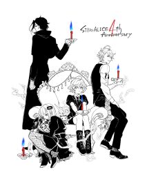 4boys ahoge aladdin_(sinoalice) bad_id bad_twitter_id birdcage blunt_bangs bob_cut boots cage candle candy chain chair english_text fishnet_pantyhose fishnets food formal_clothes glasses gloves goth_fashion gretel_(sinoalice) hair_ornament hairclip hameln_(sinoalice) high_heels highres holding holding_candle hug long_coat male_focus monochrome multiple_boys ogamiomi pantyhose pinocchio_(sinoalice) short_hair shorts sinoalice sitting smile spot_color trap vest