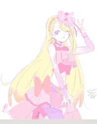 Rule 34 | 1girl, ;), arm up, blonde hair, braid, brown hair, closed mouth, cure butterfly, detached sleeves, hijiri ageha, hirogaru sky! precure, long hair, long sleeves, looking at viewer, multicolored hair, navel, one eye closed, pantyhose, pink skirt, pink sleeves, precure, purple eyes, purple pantyhose, seila rei, simple background, single leg pantyhose, skirt, smile, solo, two-tone hair, very long hair, w, white background