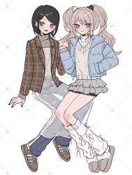 2girls black_hair black_panties blonde_hair blue_jacket blue_pants blush brown_footwear brown_jacket brown_sweater danganronpa:_trigger_happy_havoc danganronpa_(series) enoshima_junko fingernails grey_eyes grey_skirt holding_hands ikusaba_mukuro incest jacket long_hair long_sleeves looking_at_viewer multiple_girls open_mouth panties pants part pleated_skirt purple_eyes raamensusure see-through_clothes siblings sisters skirt smile sweater twincest twins twintails underwear white_footwear yuri