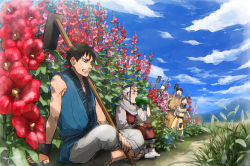 2girls 3boys armor beard black_hair blue_sky chinese_clothes day drinking en_(kingdom) facial_hair flower grass helmet hoe hollyhock indian_style karyou_ten kingdom_(series) kyoukai_(kingdom) long_hair multiple_boys multiple_girls on_ground open_mouth outdoors plant sandals shin_(kingdom) shiso_(nununu3) short_hair sitting sky sleeveless slice_of_life sosui_(kingdom) sweat wristband
