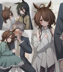 1boy 2girls absurdres aged_down agnes_tachyon_(umamusume) ahoge animal_ears black_hair black_jacket black_pants blush brown_hair brown_necktie chemical_structure clothes_grab coat collared_dress collared_shirt dress earrings embarrassed faceless formal_clothes frilled_dress frilled_shirt frills grey_dress grey_hair grey_pantyhose hair_between_eyes hair_over_one_eye hand_up height_difference highres holding_another&#039;s_arm horse_ears horse_girl huge_ahoge index_finger_raised jacket jacket_grab jewelry lab_coat leogust long_bangs long_dress long_hair long_hair_between_eyes long_sleeves looking_at_another manhattan_cafe_(umamusume) medium_hair multicolored_hair multiple_girls neck_ribbon necktie off_shoulder open_clothes open_coat open_jacket pants pantyhose pointing pointing_at_self red_eyes revision ribbon shirt short_hair short_necktie single_earring sleeping sleeveless sleeveless_shirt suit textless_version umamusume variant_set very_long_hair white_coat white_hair white_necktie white_shirt yellow_eyes yellow_ribbon yellow_shirt