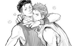 2boys arm_around_shoulder armband bare_shoulders closed_mouth commentary_request crew_neck flower greyscale looking_at_viewer male_focus miyagi_ryouta monochrome multiple_boys sakuragi_hanamichi shirt short_hair sideburns simple_background sketch slam_dunk_(series) tank_top undercut upper_body white_background yao0597
