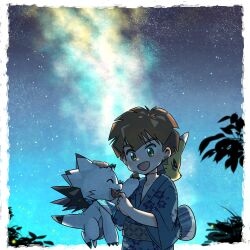 Rule 34 | 2boys, absurdres, amanokawa hiro, black wings, border, brown hair, cowboy shot, digimon, digimon (creature), digimon ghost game, gammamon, highres, japanese clothes, kimono, male focus, mask, multiple boys, night, radiospeed14, renamon, short hair, star (sky), white border, wings