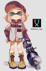 Rule 34 | 1girl, :3, artist name, baseball cap, blaster (splatoon), blue eyes, blush stickers, boots, bright pupils, closed mouth, commentary request, full body, grey boots, hand on own hip, hat, holding, holding weapon, hood, hood down, hoodie, inkling, inkling girl, inkling player character, lace-up boots, layered sleeves, long sleeves, looking at viewer, maco spl, medium hair, nintendo, orange boots, orange hair, orange hat, orange shorts, pointy ears, red hoodie, shirt, short over long sleeves, short sleeves, shorts, smile, solo, splatoon (series), splatoon 3, standing, tentacle hair, weapon, white pupils, white shirt