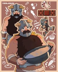 1boy arms_at_sides bara beard brown_theme chibi chibi_inset cooking cowboy_shot dungeon_meshi dwarf english_text facial_hair fake_horns helmet highres horned_helmet horns long_beard looking_at_viewer male_focus muscular muscular_male mustache senshi_(dungeon_meshi) sparkle standing straight-on thick_mustache very_long_beard walking_mushroom_(dungeon_meshi) wok yesjohn