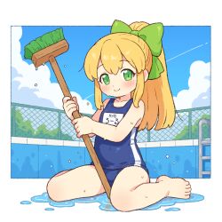 1girl barefoot blonde_hair blue_one-piece_swimsuit blush bow broom chain-link_fence closed_mouth cloud collarbone fence flat_chest full_body green_bow green_eyes hair_bow high_ponytail holding holding_broom long_hair looking_at_viewer mega_man_(classic) mega_man_(series) one-piece_swimsuit onyhakase outdoors ponytail pool roll_(mega_man) school_swimsuit sitting sky smile solo swimsuit toes wariza