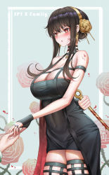 1boy 1girl absurdres bare_shoulders black_dress black_gloves black_hair black_thighhighs blood blood_on_arm blood_on_face bloody_weapon blush breasts copyright_name covered_navel dress earrings engagement_ring fingerless_gloves floral_background flower glint gloves gold_earrings gold_hairband grenade_pin hair_flower hair_ornament hairband highres holding_hands jewelry large_breasts long_hair looking_at_another out_of_frame parted_lips raised_eyebrows red_flower red_rose ring rose rose_background sidelocks skindentation solo spikes spy_x_family taut_clothes taut_dress thighhighs thorns twilight_(spy_x_family) two-sided_dress two-sided_fabric weapon yf_(hbyg) yor_briar zettai_ryouiki