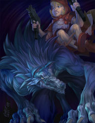 1girl 2009 artist_name bare_legs blonde_hair b.b._hood capcom clenched_teeth female_focus jon_talbain gun hood hood_up looking_away machine_pistol miniskirt monster pom_pom_(clothes) red_footwear red_hood red_skirt skirt submachine_gun tagme teeth uzi darkstalkers weapon