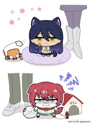 1boy 3girls amate_yuzuriha angry animal_ears aqua_eyes cat_ears cat_girl cat_tail challia_bull chibi collar conch_(gundam) dog_ears dog_girl dog_tail doghouse dumpling eating food frown gundam gundam_gquuuuuux haro highres holding holding_food holding_plate jacket jiaozi kemonomimi_mode kycilia_zabi leash long_hair multiple_girls non-humanoid_robot nyaan_(gundam_gquuuuuux) omochi_binta plate purple_hair red_hair robot school_uniform short_hair skirt sweater tail yellow_eyes
