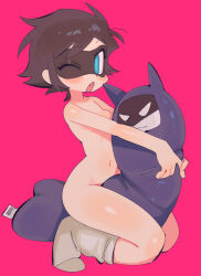 1girl batman batman_(series) batrobin_k black_mask blue_eyes breasts brown_hair character_doll dc_comics doll domino_mask fang grinding highres kneeling mask navel nude one_eye_closed pink_background robin_(batrobin_k) robin_(dc) short_hair simple_background small_breasts