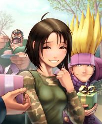 Rule 34 | 1girl, 2boys, bob cut, brown eyes, brown hair, cake, camouflage, capcom, edge, food, gift, highres, holding, holding gift, isurugi gan, justice gakuen, kazama akira, multiple boys, omar dogan, pastry, shiritsu justice gakuen, short hair, smile, yamada eiji