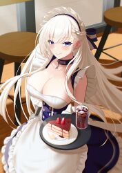 1girl absurdres apron azur_lane belfast_(azur_lane) black_collar blue_eyes blue_skirt bow braid breasts broken broken_chain cake cake_slice chain cleavage closed_mouth collar collarbone drink food fruit hair_bow highres large_breasts lemon_kele long_hair maid maid_headdress shadow skirt smile solo strawberry table white_apron white_hair wooden_floor