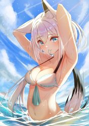 Rule 34 | 1girl, animal ear fluff, animal ears, arm behind head, armpits, arms up, bikini, blush, breasts, cleavage, cloud, cloudy sky, commentary request, day, fox ears, fox girl, fox tail, green eyes, hair between eyes, hair tie in mouth, highres, hololive, long hair, looking at viewer, medium breasts, mouth hold, navel, nojikorirakkusu, ocean, outdoors, partially submerged, shirakami fubuki, sky, solo, swimsuit, tail, tying hair, virtual youtuber, water, wet, white bikini, white hair