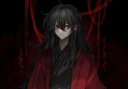 1boy absurdres bishounen black_background black_hair black_hanfu chinese_clothes chinese_commentary coat dao_gui_yi_xian eyelashes hair_between_eyes hair_down hanfu highres ji_zai kklxsdskb li_huowang long_hair looking_at_viewer male_focus open_clothes open_coat parted_lips red_background red_coat red_eyes robe solo string string_of_fate upper_body