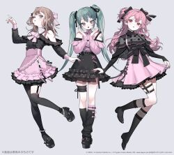 3girls :o aqua_eyes aqua_hair arm_at_side asymmetrical_legwear bare_shoulders belt black_belt black_bow black_nails black_ribbon black_shirt black_shoes black_skirt black_socks black_thighhighs bow bow_legwear brown_hair buttons center_frills clothing_cutout collared_shirt copyright_notice cross-laced_clothes cross-laced_skirt crossed_ankles double-parted_bangs fishnet_socks fishnets frilled_shirt frilled_socks frills full_body garter_straps grey_background grey_eyes hair_between_eyes hair_bow hair_ribbon hanasato_minori hands_up hatsune_miku heart heart_tattoo high-waist_skirt highres jewelry jirai_kei karo_(karohroka) kneehighs knees_together_feet_apart long_hair long_sleeves looking_at_viewer loose_socks mary_janes mismatched_legwear momoi_airi multiple_girls nail_polish necklace open_mouth over-kneehighs pale_skin parted_lips petticoat pink_bow pink_hair pink_nails pink_shirt pink_skirt pink_trim polka_dot polka_dot_shirt project_sekai puffy_long_sleeves puffy_sleeves red_eyes ribbed_socks ribbon shirt shirt_tucked_in shoes shoulder_cutout shoulder_tattoo side-by-side simple_background single_garter_strap skindentation skirt skirt_hold sleeves_past_wrists socks standing standing_on_one_leg tattoo thigh_strap thighhighs twintails two_side_up very_long_hair vocaloid watermark web_address
