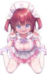 1girl apron blue_eyes blush bow breasts cleavage cleavage_cutout clothing_cutout commentary_request dress from_above full_body hair_bow hair_ornament hat heart heart_hair_ornament large_breasts long_hair looking_at_viewer nurse_cap open_mouth original penis_shadow pink_dress pleated_dress purple_bow purple_shoes red_hair shoes simple_background sitting solo sweat thighhighs two_side_up usashiro_mani very_long_hair wariza white_apron white_background white_bow white_hat white_thighhighs wrist_cuffs