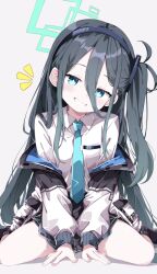 Rule 34 | 1girl, aris (blue archive), between legs, black hair, blue archive, blue eyes, blush, breasts, commentary request, grin, halo, hand between legs, head tilt, highres, jacket, long hair, looking at viewer, necktie, notice lines, one side up, paid reward available, sabana, shirt, sitting, skirt, small breasts, smile, solo, spread legs, wariza, white shirt
