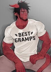 1boy bara beard black_hair chest_hair closed_mouth colored_skin cowboy_shot demon_horns demon_tail dominique_(the_devil_and_s-13) english_text facial_hair grey_pants horns light_frown looking_to_the_side male_focus muscular muscular_male pants pointy_ears red_skin shirt short_hair short_sleeves sideburns sitting solo suyohara tail the_devil_and_s-13 white_shirt