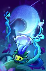 Rule 34 | :d, aqua eyes, blue flower, blue theme, chinese commentary, commentary request, crescent moon, flower, flower focus, highres, light particles, looking to the side, moon, moonflower (flower), moonflower (plants vs zombies), night, no humans, open mouth, outdoors, plant, plant focus, plants vs. zombies, plants vs. zombies 2, purple flower, shenmeshihou, simple background, smile, solid circle eyes, solo, sparkle, thorns, tongue, vines