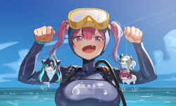 1girl blue_sky blue_wetsuit breasts cloud colored_inner_hair dave_the_diver diving_mask diving_mask_on_head diving_suit doro_(nikke) fang goddess_of_victory:_nikke goggles goggles_on_head hair_between_eyes hair_ornament highres holding leviathan_(nikke) light_rays little_mermaid_(nikke) looking_at_viewer mast_(mast_the_diver)_(nikke) mast_(nikke) multicolored_hair ocean open_mouth outdoors pink_hair purple_eyes scuba_gear sky twintails wet_suit wge ziz_(nikke)