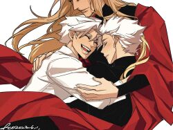 Rule 34 | 1girl, 2boys, 3hkxbot, blonde hair, blush, closed mouth, commentary, dante (devil may cry), devil may cry (series), dress, eva (devil may cry), family, hair slicked back, highres, holding, hug, long hair, mother and son, multiple boys, parent and child, siblings, simple background, smile, symbol-only commentary, vergil (devil may cry), white background, white hair