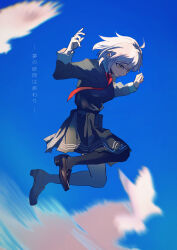 1girl absurdres ahoge bird black_pantyhose black_skirt blue_sky brown_shoes closed_mouth commentary fate/grand_order fate_(series) full_body highres jeanne_d&#039;arc_alter_(fate) jumping long_sleeves looking_down motion_blur necktie pantyhose pleated_skirt red_necktie school_uniform shoes short_hair skirt sky solo translated white_hair yellow_eyes yin_(yin_ya)