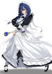 Rule 34 | 1girl, absurdres, apron, black dress, blue eyes, blue hair, braid, chinu (nvtc2224), dagger, dress, hair intakes, hair ribbon, hat, highres, holding, holding dagger, holding knife, holding weapon, hololive, hololive english, knife, long hair, looking at viewer, low twin braids, maid, maid apron, mob cap, official alternate costume, official alternate hairstyle, ouro kronii, ouro kronii (maid), pantyhose, pocket watch, ribbon, simple background, solo, twin braids, virtual youtuber, watch, weapon, white apron, white background, white pantyhose, white ribbon
