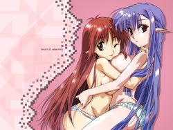 00s 2girls :o ;d ahoge antenna_hair aqua_panties arched_back ass back barefoot blue_hair breast_press breasts brown_eyes butt_crack censored convenient_censoring copyright_name couple feet hair_between_eyes hosoda_naoto hug kneeling large_breasts lisianthus long_hair long_pointy_ears looking_at_viewer looking_back multiple_girls navel nerine no_bra official_art official_wallpaper one_eye_closed open_mouth panties pillar pink_background pointy_ears profile red_eyes red_hair shadow shuffle! shuffle!_memories sideboob sitting sitting_on_lap sitting_on_person skindentation smile spread_legs straddling topless_female underwear underwear_only very_long_hair white_panties wink yuri