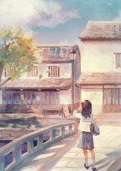 1girl bag bench bird black_shoes blue_bag blue_sailor_collar blue_sky brick bridge brown_hair cloud cloudy_sky commentary_request day from_behind green_bird hand_in_own_hair hand_up harucoro25 highres lamppost long_hair long_sleeves medium_skirt original outdoors path pleated_skirt road sailor_collar scenery school_bag shade shadow shirt shoes sign simple_bird skirt sky socks solo straight_hair sunlight tile_roof tree walking white_shirt white_socks wide_shot